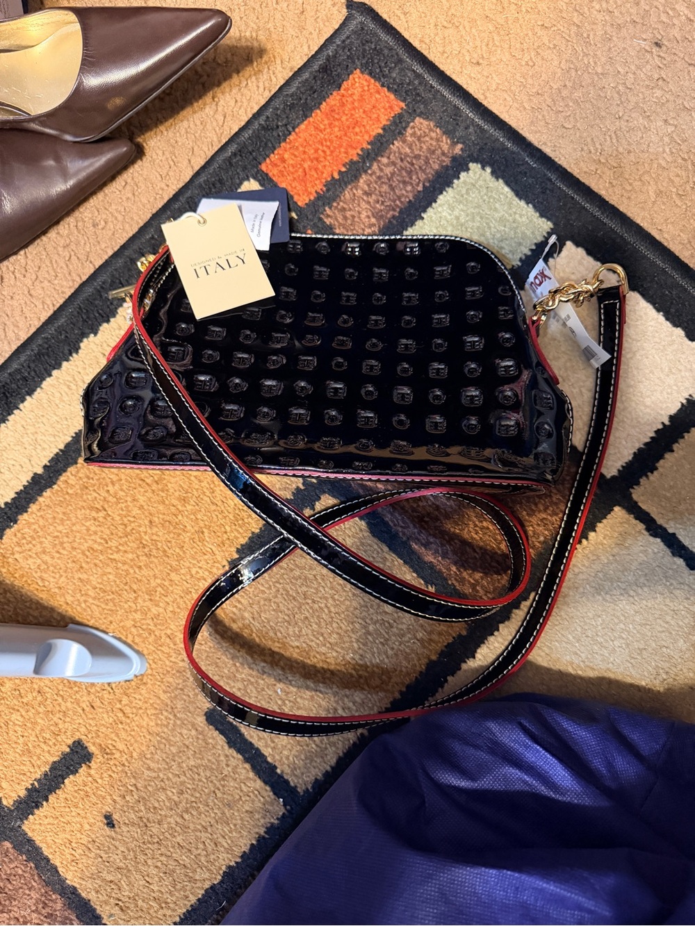New Arcadia Patent Leather Crossbody Bag in Black with Red Trim - Italy